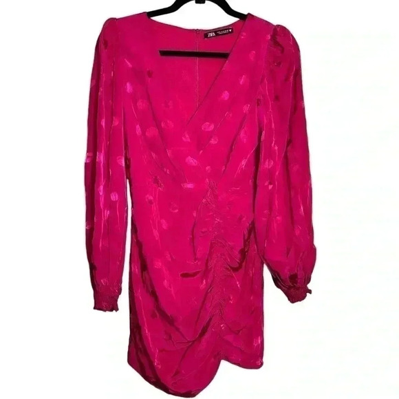 ZARA SHORT PINK FUCHSIA BARBIE POLKA DOT SATIN DRESS BALLOON SLEEVES Small - Picture 2 of 6